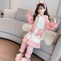 Girls' coral fleece pajamas autumn winter mid-length children's fleece thickened flannel suit little girls' cute home clothes