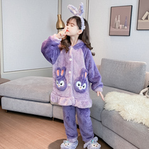 girls' fleece flannel pajamas winter thickened home clothing suit girls' cotton coral fleece 3 layers