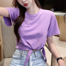 Pure cotton net red and potato purple short knot short sleeve t-shirt female loose inspiration tide girl high-waist navel top