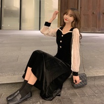 Golden Velvet Pregnant Women Black Dress Autumn 2021 New Tide Mesh Splice Spring and Autumn Long Skirt