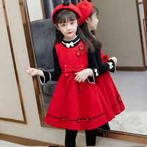 Girls dress spring new style childrens clothing little girl New years clothing plus velvet childrens woolen suit vest skirt