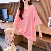 Pregnant woman Xia dress Han version loose blouse hot gold dazzling large code gestation woman in woman dress with long section pure cotton short sleeve T-shirt woman
