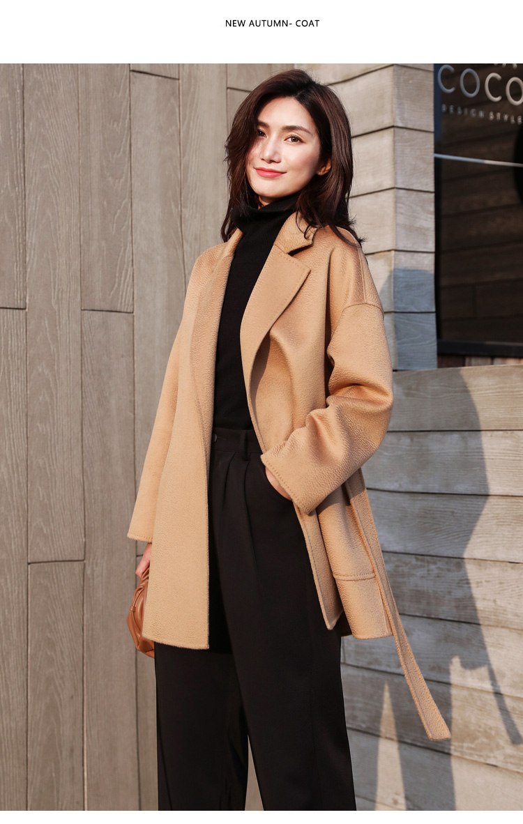 驼色水波纹双面羊绒大衣女短款2021年新款小个子高端羊毛呢子外套