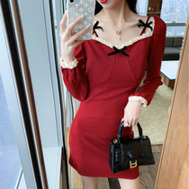 French small fragrant wind base with red knitted dress for children in autumn and winter with coat sweater skirt