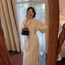 New French socialites temperament knee long skirt with coat lace inside cheongsam dress children autumn and winter