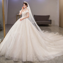 French main wedding dress 2021 new bride shoulder simple temperament retro trailing small man summer court style