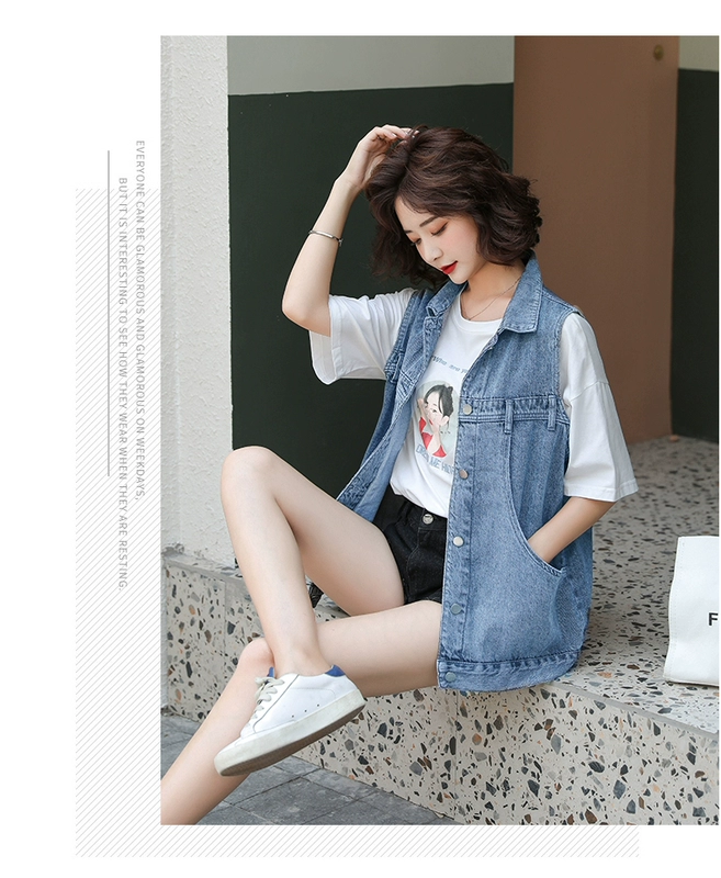 Mùa hè của phụ nữ lưới màu đỏ áo vest denim hoang dã phiên bản Hàn Quốc của áo khoác vest không tay rộng rãi áo khoác vest nữ triều retro cũ - Áo vest