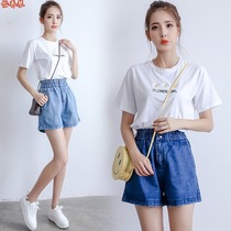 Summer teen Han version 12 years old short sleeve 13 loose 14t shirt 15 large child 16 Junior high school student denim shorts suit