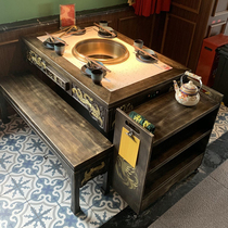 Huofengxiang solid wood retro smokeless hot pot table marble induction cooker integrated commercial hot pot restaurant table and chair combination