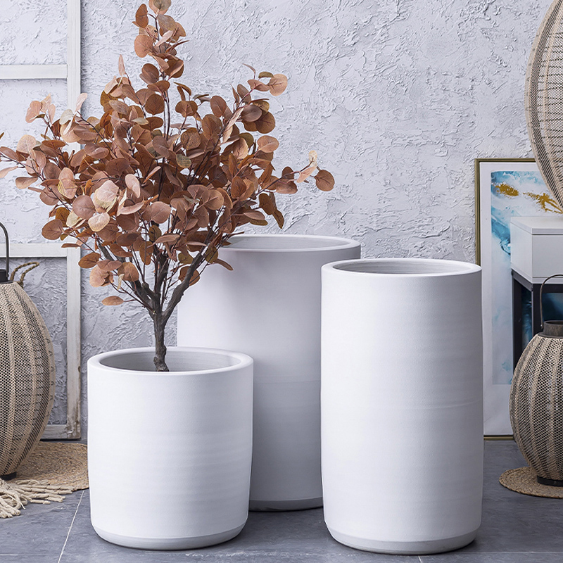 Large diameter circular ceramic light white flower pot high - end key-2 luxury Nordic I and contracted sitting room ground vase imitation of cement