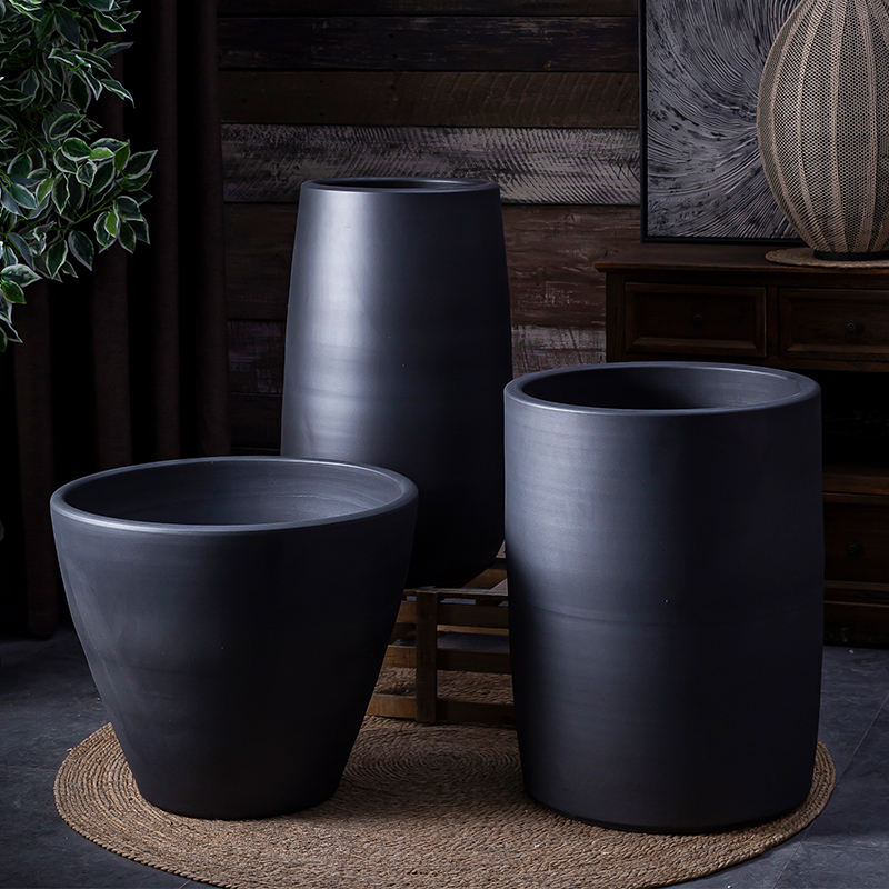 Green plant in northern black ceramic vase flowerpot I and contracted indoor plant decoration cylinder hydroponic POTS of large diameter