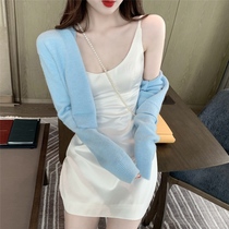 Summer new sexy suspender dress Hyuna wind short baby blue sweater fashion Western style two-piece suit