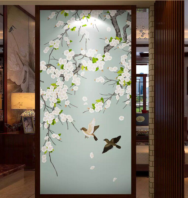 8d新中式玄关背景墙壁纸梅花别墅屏风隔断过道墙纸5d壁画花鸟墙布