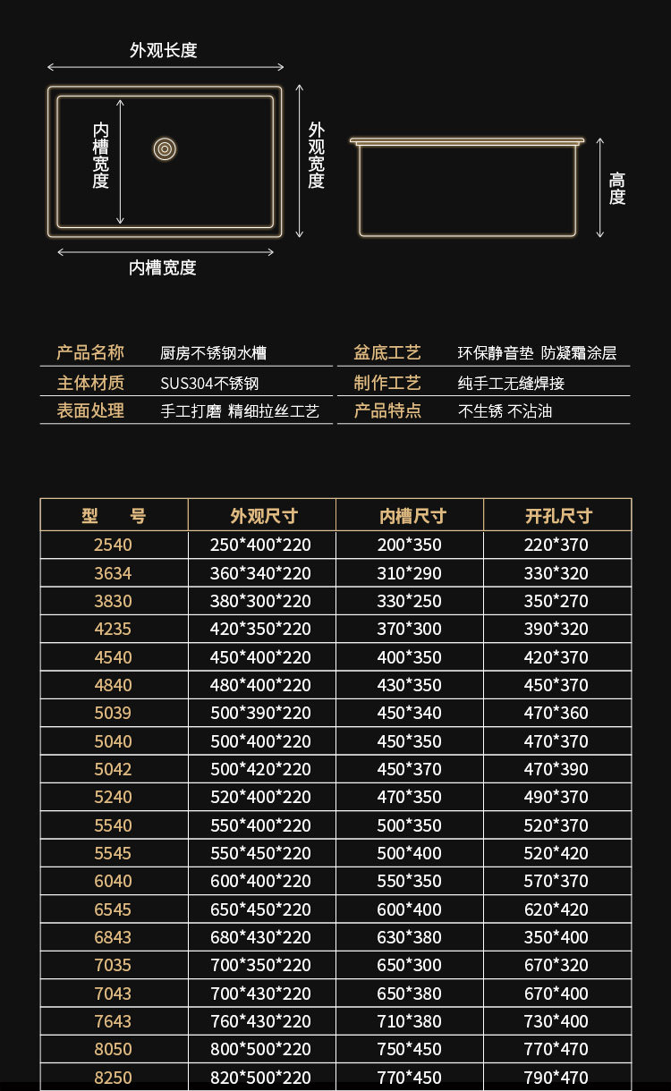 厨房304不锈钢水槽大理石台下盆单槽家用大尺寸洗菜盆洗碗盆