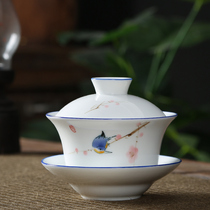Ceramic hand-painted white porcelain cover bowl tea cup set home tea bowl large single three-style bowl kung fu tea set