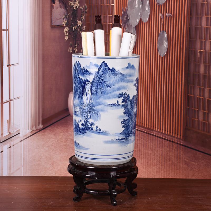 Jingdezhen ceramic vase quiver of blue and white porcelain painting and calligraphy tube branch lotus sitting room study landscape painting scroll cylinder furnishing articles