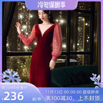 Elegant summer wine red toast bride 2022 new temperament banquet velvet evening dress female dignified atmosphere