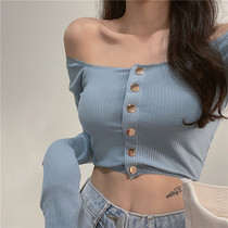 ins short paragraph 100 lap blouse with slim lock bone cardigan design sense of the undershirt sexy straight shoulder long sleeve T-shirt autumn and winter