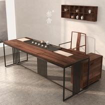 Sanshe new Chinese tea table Black walnut solid wood desk Modern simple white oak log rectangular tea table and chair combination