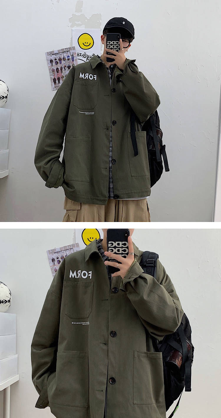 秋冬季男士宽松夹克翻领多口袋工装服秋季新品港风青年印花外套潮