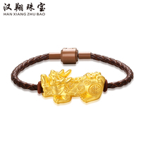 999 Gold Bracelet Gold Brave Bracelet Men and Womens Picchu Handstring Pure Gold 3d Hard Gold New Leather Rope