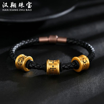 999 gold transfer bead bracelet men 3D hard gold tattoo Guardian road Road pure gold beaded female leather rope