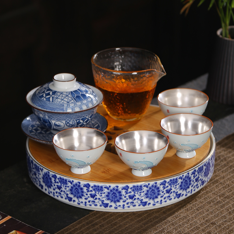 Tasted silver gilding hand - made teacup small blue and white porcelain ceramic cups kung fu tea cup single CPU personal cup, retro sample tea cup