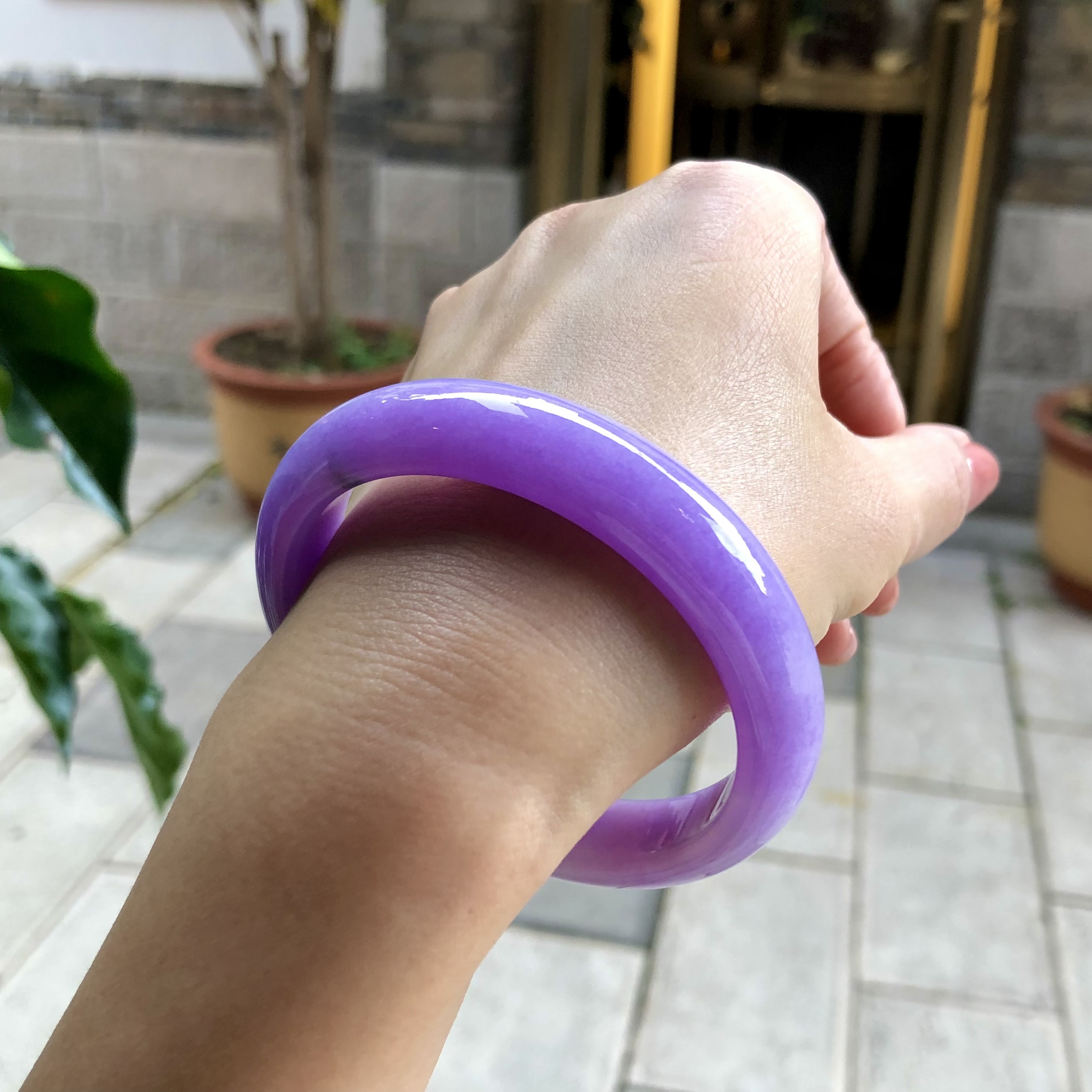 缅甸翡翠糯化满色妖紫紫罗兰正圈玉镯圈口57