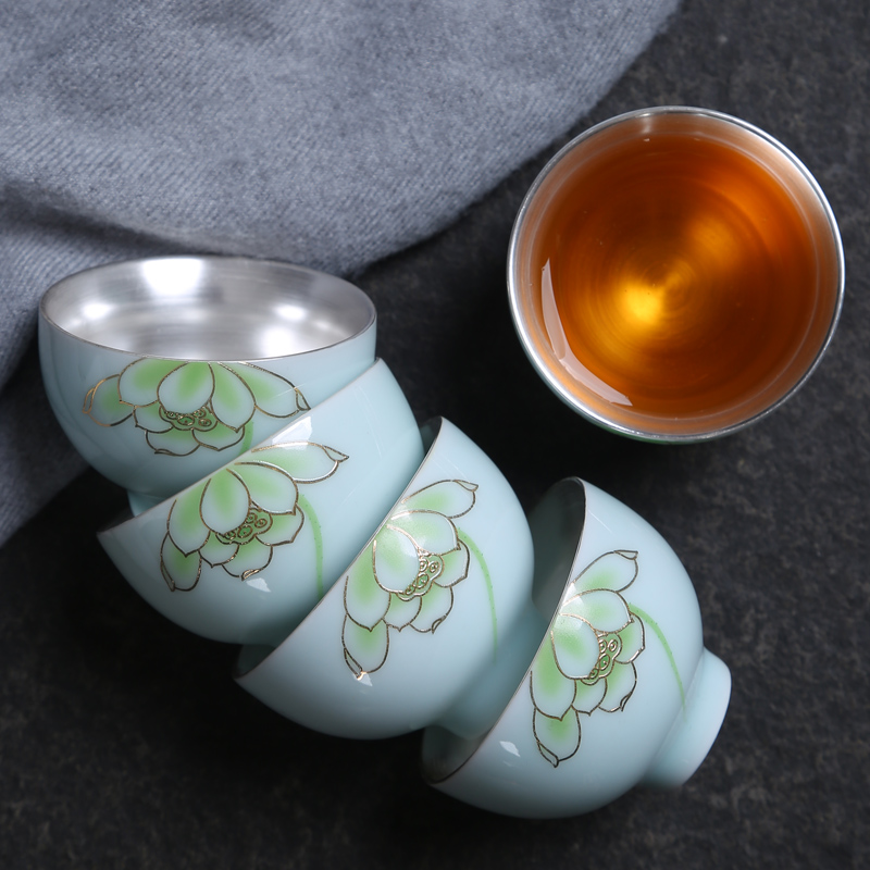 Tasted silver gilding jingdezhen ceramic celadon of noggin single cup sample tea cup kung fu master cup personal tea cups