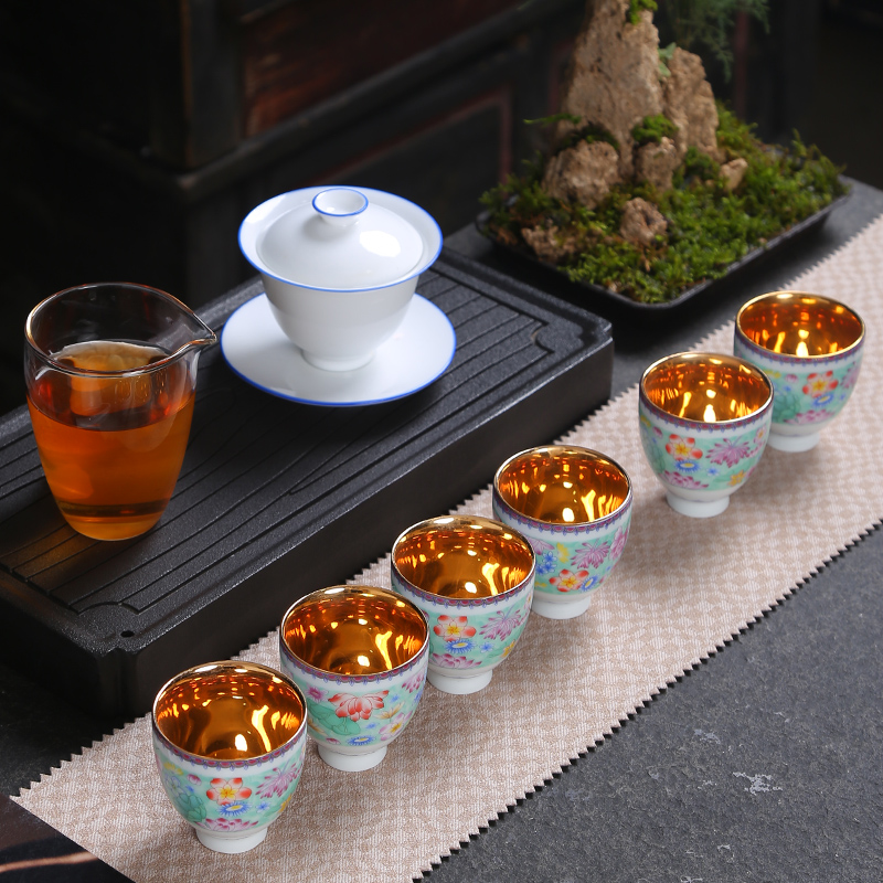 Tasted silver gilding jingdezhen ceramic kung fu tea set pure manual sample tea cup individual CPU master cup single CPU colored enamel cups