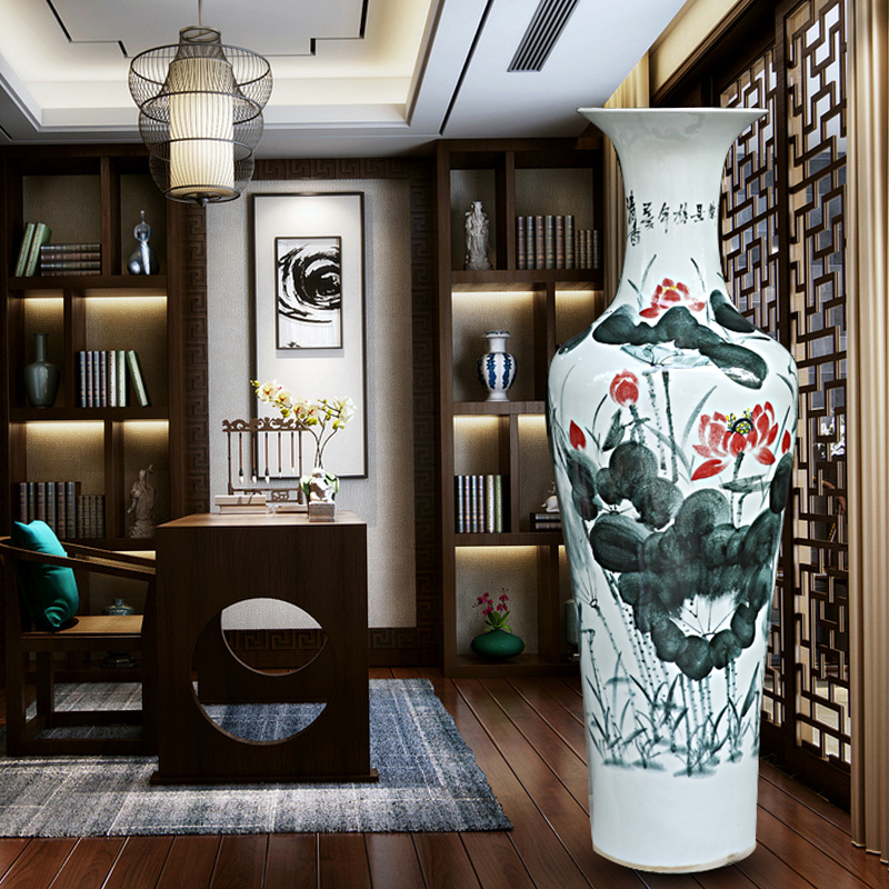 Jingdezhen ceramic floor big sitting room place of blue and white porcelain vases, antique hand - made lotus hotel decorative vase