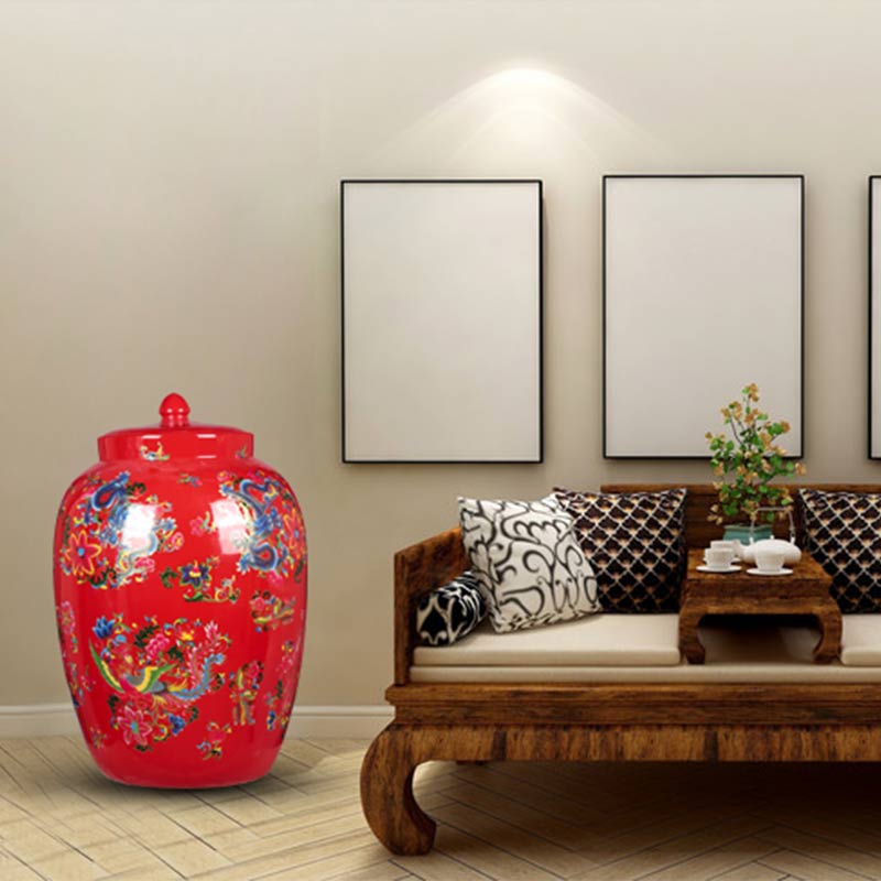 Jingdezhen ceramics vase landing barrel storage tank Chinese red longfeng sitting room furniture new home furnishing articles of marriage