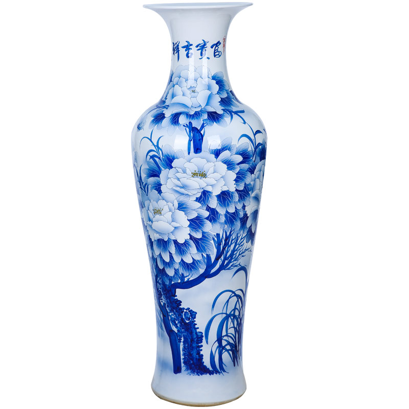 Jingdezhen ceramic floor big hand blue and white porcelain vase furnishing articles peony lotus sitting room of Chinese style decoration decoration