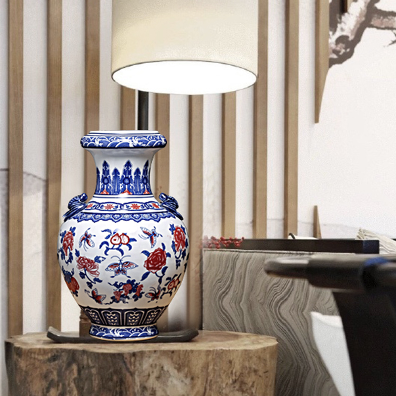 Jingdezhen ceramics archaize youligong red dragon grain vase vase decoration of new Chinese style household living room