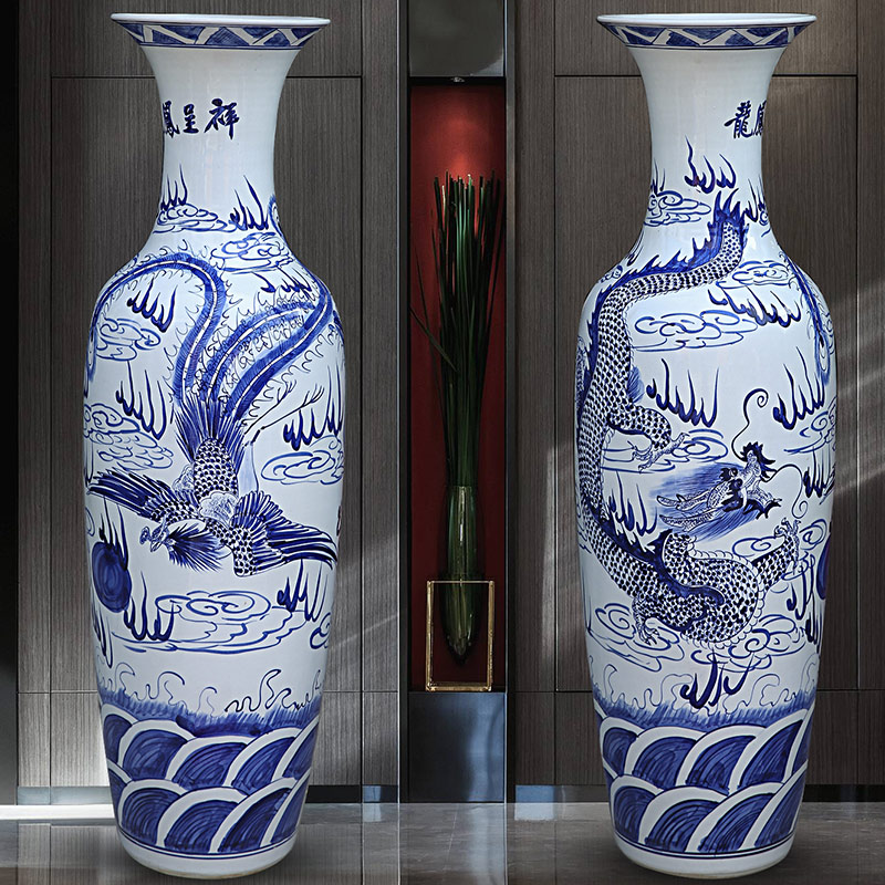 Hand made blue and white longfeng big vase vase of porcelain of jingdezhen ceramics of large sitting room adornment hotel furnishing articles