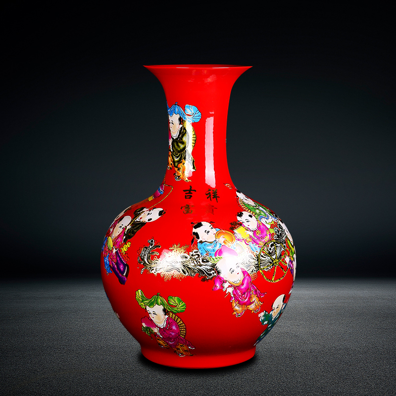 Jingdezhen ceramics of large vase furnishing articles China red lad high figure sitting room of Chinese style household ornaments