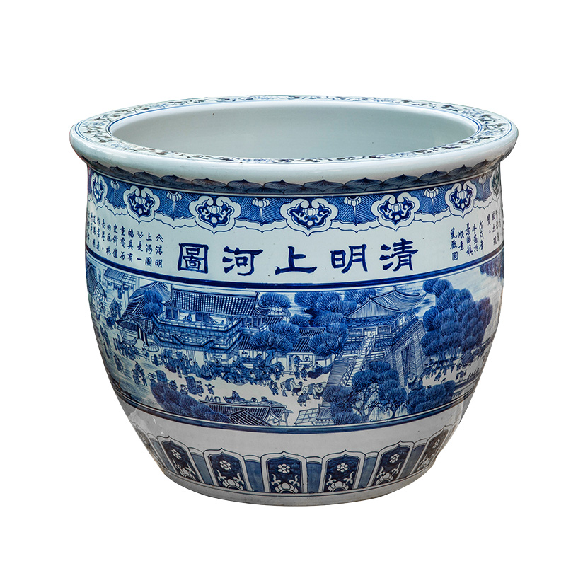 Big fish tank antique hand - made ching Ming blue and white porcelain is jingdezhen ceramics painting tortoise cylinder sitting room courtyard furnishing articles