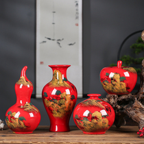 Jingdezhen Ceramics China red hand painting mountain vase decoration parts household living room desktop craft gift