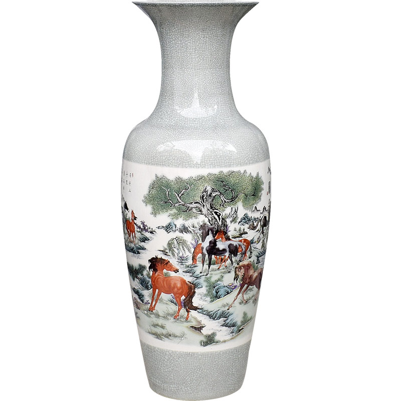 Jingdezhen ceramics archaize crack landing a large vase furnishing articles sitting room of Chinese style household decoration snow eight horses