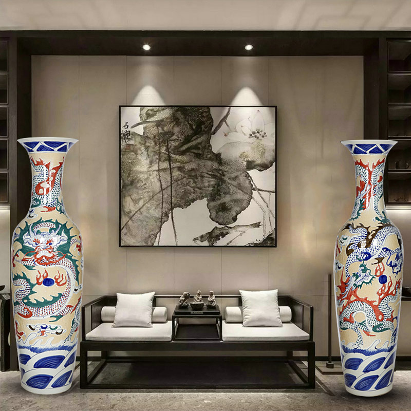 Jingdezhen ceramics landing big vases, antique yellow dragon carving home sitting room decorations furnishing articles hotel