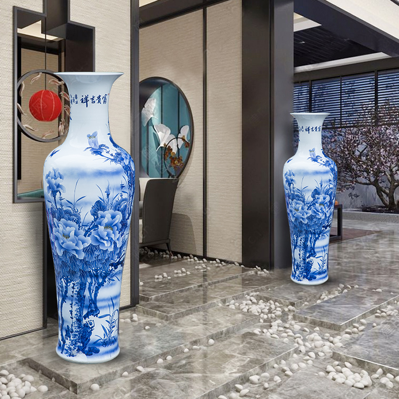 Jingdezhen ceramic hand - made large blue and white porcelain vase peony flower arrangement sitting room adornment oversized furnishing articles