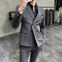 Suit mens suit Korean slim British business dress double-breasted striped casual suit groom wedding dress