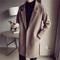 Spring and Autumn Mens woolen coat thickened cotton tide Korean version of slim handsome English style woolen cloth coat black windbreaker