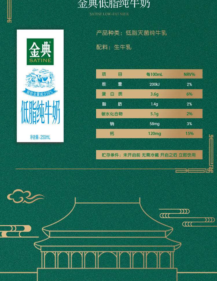 包邮新货2月产 牛奶金典纯牛奶低脂250ml*12盒整箱营养学生牛奶