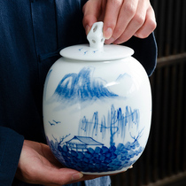 Hand-painted tea jar large sealed jar ceramic household storage tea jar underglaze white porcelain jar landscape painting gift box