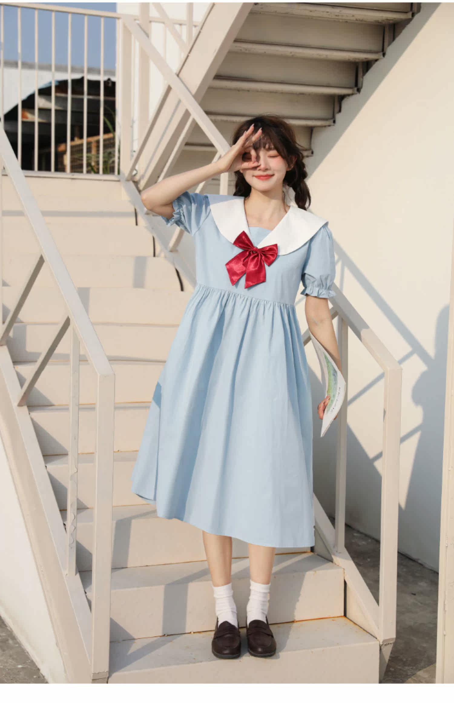 夏季宽松jk连衣裙青少年初中高中学生学院风海军领蝴蝶结中长裙子