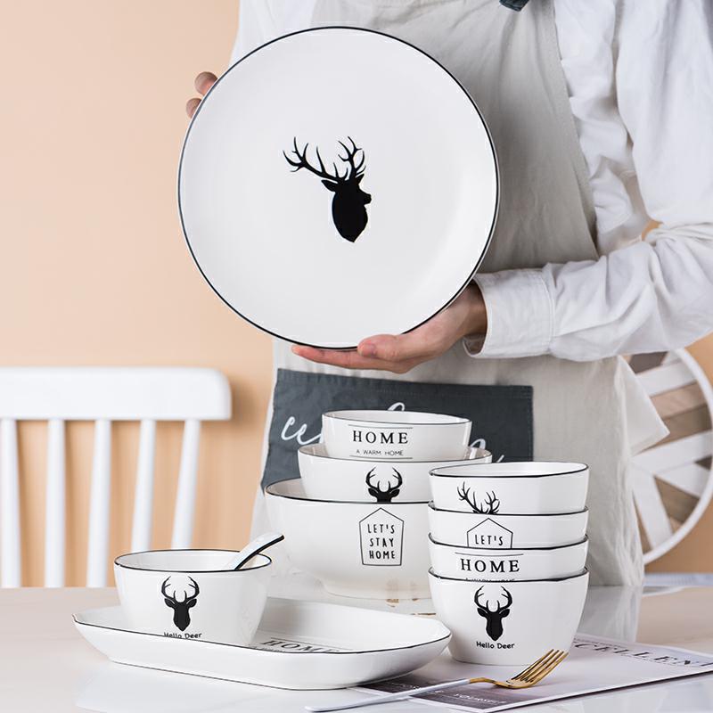 Web celebrity 4 ins wind dishes suit household ceramics tableware set bowl dish dish combination contracted Nordic antlers