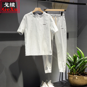 戈续休闲套装男夏季薄款运动两件套韩版潮流刺绣棉麻衣服男生夏装