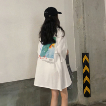 Korean version of solid color printing clothes missing loose long short sleeve t-shirt women half sleeve shirt ins tide Net red size