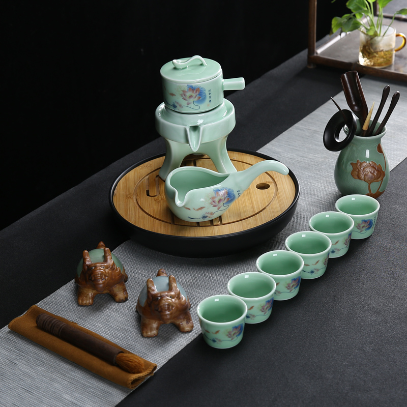 Celadon tea set suits for domestic half automatic stone mill lazy kung fu tea tea caddy fixings tea cups of tea tray